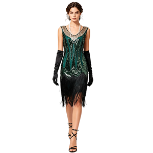Robe de soirée <span class=keywords><strong>Charleston</strong></span> à paillettes pour femmes, style années 1920-1930, col en V, ornée de perles et de franges, pour bal, mariage, cocktail - Product Image 3