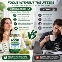 Focus Gummies Complément Nootropique Cérébral L-Théanine Bacopa Soutien Mémoire et Concentration Gommes Végétaliennes Sans Sucre Marque Blanche