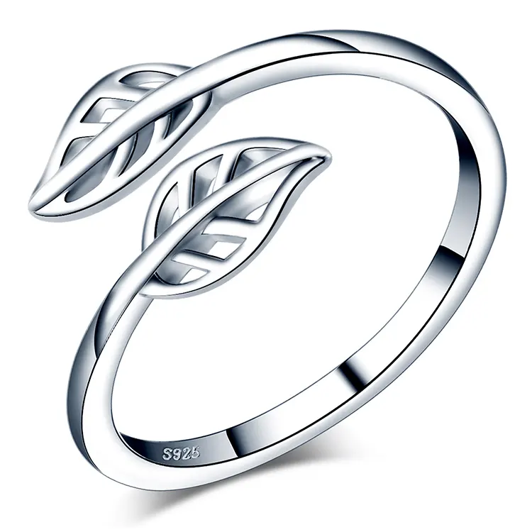 Simple Hollow Leaf Ring Solid 925 Sterling Silver High Quality Adjustable Finger Ring