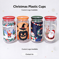 Gobelet en plastique transparent de 16 oz avec couvercle coloré et paille, idéal pour Halloween, Noël et les fêtes, réutilisable, en forme de canette, pour boissons