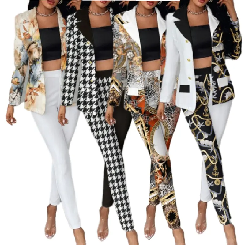 C8213 New Arrivals Fashion Two Piece Set Women Clothing Ladies Printed Blazer Set Elegant Women Business Suits