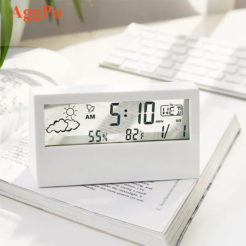 Desk Lcd Digital Display Electronic Clock Thermometer Hygrometer Alarm Clock Date Week Backlit Table Clock White Black