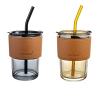Tasse à café de voyage en verre glacé de 450ml stockée en grande quantité avec couvercle en cuir