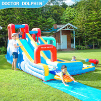 Doctor Dolphin Nouveau Design Toboggan Aquatique Double Bleu Gonflable Château Aquatique pour Enfants Fête Familiale Extérieure 420D+840D