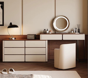 Bàn đá hàng đầu bàn trang điểm + Phân + gương trang điểm Vanity Bộ khung gỗ rắn và yên da kết thúc thực tế dresser Set - Product Image 5