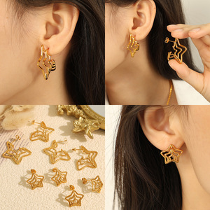 Boucles d'oreilles étoile en alliage de zinc doré, design à cinq branches, bijoux de mode pour soirée - Product Image 4