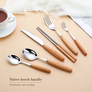 Juego de Cubiertos de acero inoxidable con mango de madera, tenedor/cuchara/cuchillo/<span class=keywords><strong>palillos</strong></span> - Product Image 4