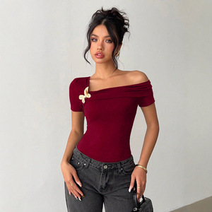 Camiseta Elegante y Sencilla para Mujer, con Hombros Descubiertos, Color Sólido, Informal, <span class=keywords><strong>de</strong></span> Poliéster, para Oficina - Product Image 4
