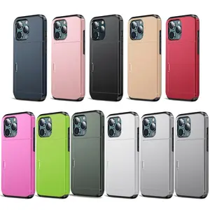 Portemonnee Creditcard Zak 2 In 1 Tpu Pc Shockproof Slider Slots Mobile Phone Case Voor Iphone 11 12 13 14Pro Max 14Plus 12 Mini