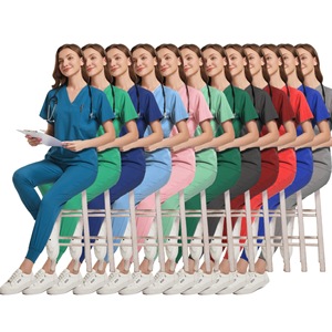 Women's Scrub Suit Polyester Spandex Short Sleeve Two Piece Set Moisture Wicking Medical Work Uniform Split Set - Product Image 1