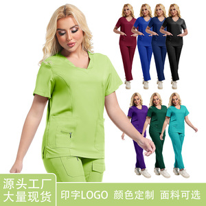 Women Hospital Scrubs Set V Neck Short Sleeve Pants Moisture Wicking Split Uniform Nursing Workwear Uniforms - Product Image 5