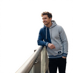 <b>Men's</b> <b>Grey</b> Blue Color Block Hoodie Pullover <b>Sweatshirt</b> Casual Streetwear Fleece Hooded <b>Sweatshirt</b> Custom OEM Clothing - Product Image 1