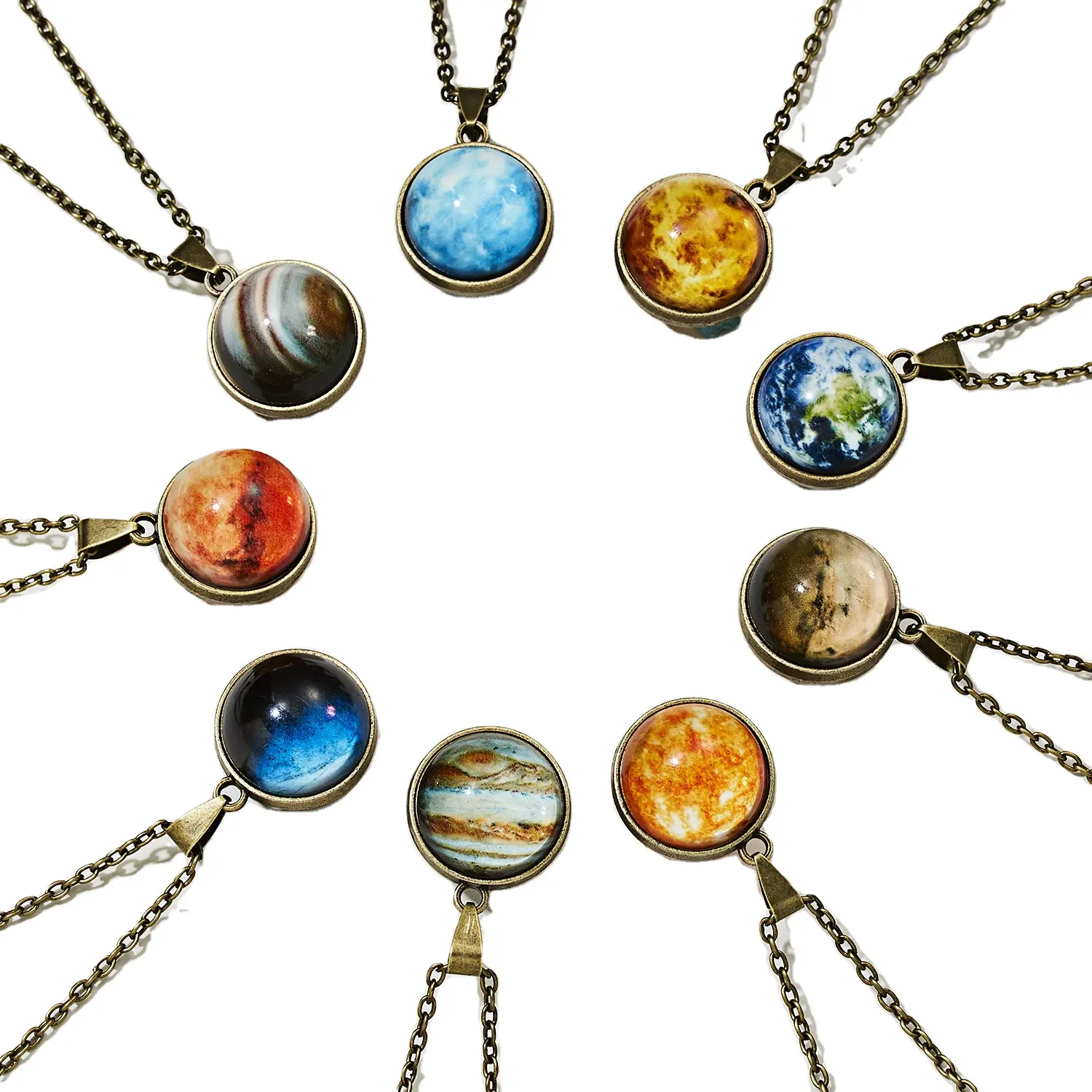 Crystal Ball Universe Mars Earth Saturn Planet Necklace Double Sided Glass Designer Solar System Nebula Galaxy Star Pendant XP