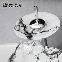 Vasque de salle de bain Boweiya en verre trempé personnalisé, design peinture à l'encre chinoise noir et blanc, écologique et facile à nettoyer