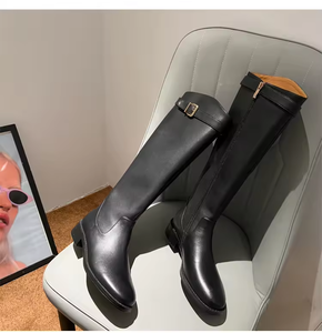 Nouvelles Bottes Longues en Cuir pour Femmes 2025 – Modèle Designer à Bout Rond, Talon Carré Plat, Fermeture Éclair Latérale, Bottes au-dessus du Genou Tendance pour Dames - Product Image 6