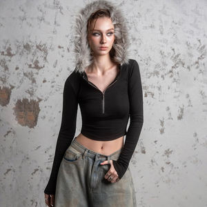 Camiseta con Capucha Informal y Transpirable para Mujer, con Panel de Piel Sintética, Media Cremallera, Estilo Urbano, Bloques de Color, Manga Corta, Color Sólido - Product Image 4