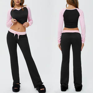 Huili ชุดกีฬาผ้าฝ้ายสองชิ้นสำหรับผู้หญิงกางเกงเล่นกีฬาบล็อกสีมีโลโก้ตามสั่ง - Product Image 2