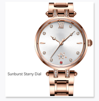 Montre à quartz pour femme élégante et luxueuse en or rose, incrustation de cristaux, bracelet en acier inoxydable, cadran avec date, fermoir papillon - Résistance à l'eau 30 m