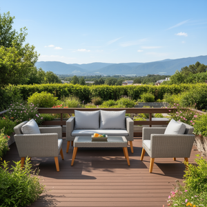 Modern 4-Piece <b>Outdoor</b> Patio Furniture Set with Resin Rattan and Acacia Wood, Grey <b>Cushioned</b> Sofa <b>Chair</b> Table <b>for</b> Backyard Deck - Product Image 2