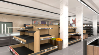Gepolijste metalen fruit- en groentepresentatie rek met vernevelingssysteem voor specialisten in verse producten, geschikt voor foodhallen.