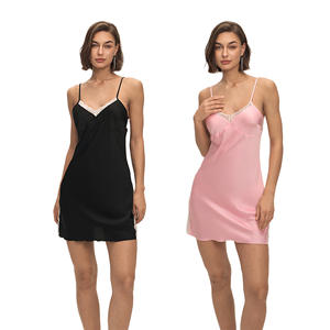 Chemise de nuit élégante en satin et mousseline de soie avec bordure en dentelle, confortable à porter à la maison, sexy, sans manches, thermique, respirante, robe de nuit d'été - Product Image 1