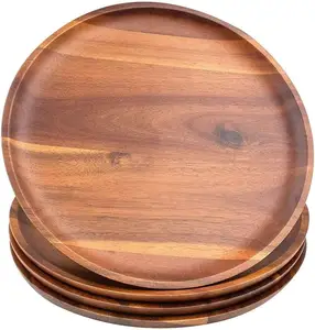 Bandeja de madera de acacia de roble redonda y pequeña para restaurantes, plato plano de madera de teca para sushi y comida