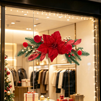 Guirnalda Navideña con Flor de Pascua Roja, Bayas y Hojas Verdes de 19.7 Pulgadas, Decoración Navideña para Puerta, Repisa o Pared para Comercios