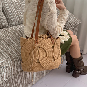 Retro <b>Woven</b> Straw <b>Tote</b> <b>Bag</b> Leather Strap Drawstring Shoulder Handbag for Beach Vacation - Product Image 5