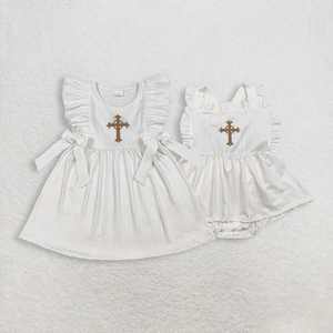 En Stock, Ropa de Pascua para Niños, Vestido de Pascua para Niñas Pequeñas con Lazo Bordado y Encaje Beige - Product Image 1