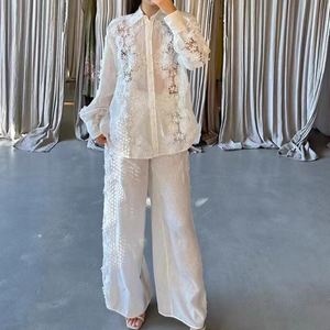 Heavy Work <b>Lace</b> Long Sleeve Shirt <b>Elastic</b> High Waist Pants Women's 2 Set Fashion - Product Image 1