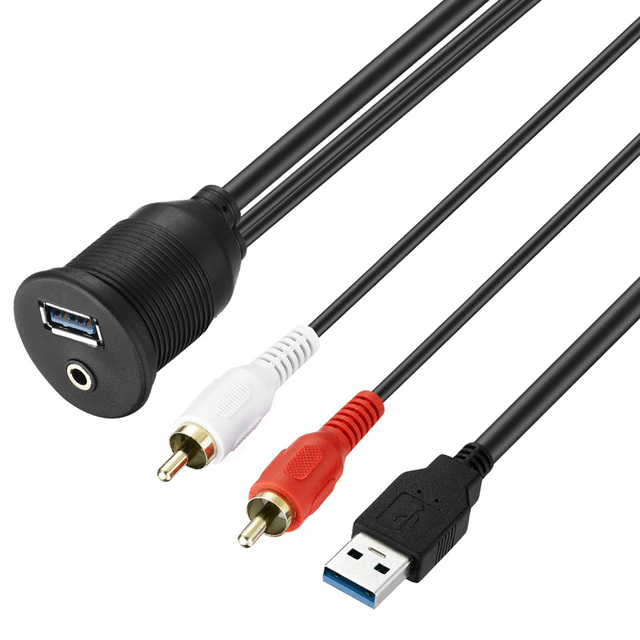 Bochara USB Flush Mount Panel USB 2.0 USB 3.0 Male to Female Extension+3.5mm Female to 2RCA Dashboard Cable for Car Motorcycle