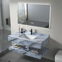 Meuble-lavabo de salle de bain double couche en marbre de luxe minimaliste avec vasque en pierre frittée et miroir intelligent pour hôtel