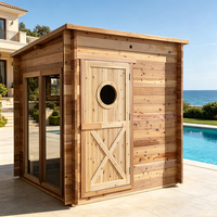 Sauna Exterior Ecológica de Cedro Rojo de Lujo con Techo Inclinado Moderno y Ventana Circular, Calefacción con Estufa para Spa en el Patio Trasero
