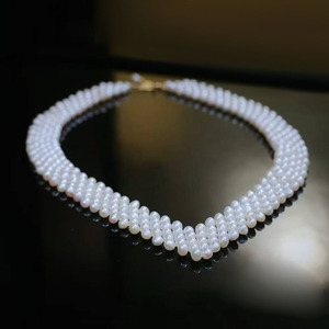 Handmade Multi-Row V Shape Freshwater Pearl <b>Choker</b> Necklace High Luster Rice Pearl Woven Statement Necklace - Product Image 2