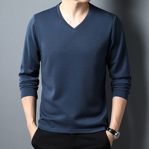 T-shirts en waffle pour hommes à manches longues, logo personnalisé, col en <span class=keywords><strong>V</strong></span>, <span class=keywords><strong>v</strong></span>êtements formels, couleur unie, viscose, coupe ample, poids lourd, tricot surdimensionné - Product Image 3