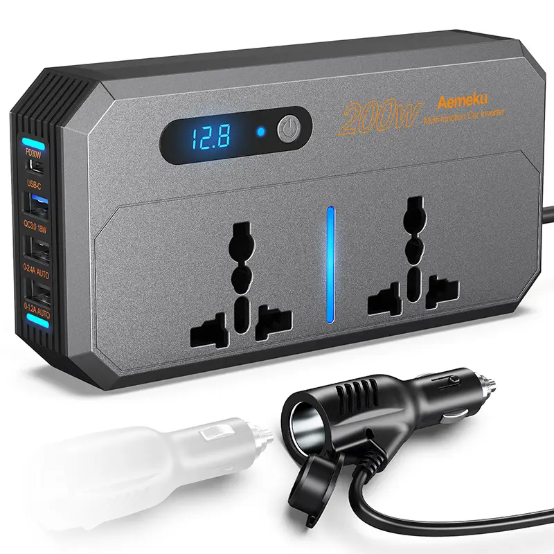 Inversor de corriente para coche de 200W/adaptador de enchufe cargador de salida DC 12V a 220V inversor con USB de 1,2 A y 2,4 A, 1 USB QC3.0 y 1 puerto tipo C