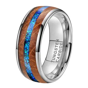 Coolstyle Jewelry New Style 8mm Whisky Wood Genuine Blue Opal Inlay Tungsten Ring for Men Women Fashion Engagement Wedding Band