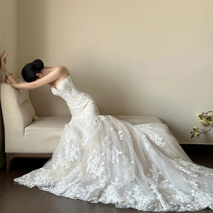 French Mermaid Strapless Wedding Dress With Train Lace Vintage Style For Petite Brides Summer 2026 - Product Image 2