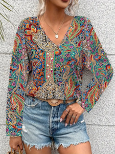 Top Casual Personalizado de Verano para Mujer, Estilo Vintage, Transpirable, Holgado, con Estampado Paisley, Cuello en V, Diseño Floral, Tejido con Método de Tejido - Product Image 4