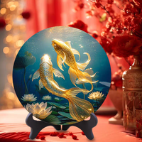 Dekorasi Meja Bundar Ikan Koi Emas Teratai Lukisan Kristal Ornamen Feng Shui Kekayaan Keberuntungan Dekorasi Rumah untuk Ruang Tamu Hadiah