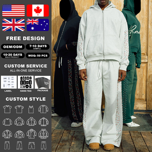 KIingSen Wholesale Custom Terry Breathable 400gsm Winter Acid Washed Rhinestones Men's Zip up Hoodie Sweatpants Street Wear Set - Product Image 2