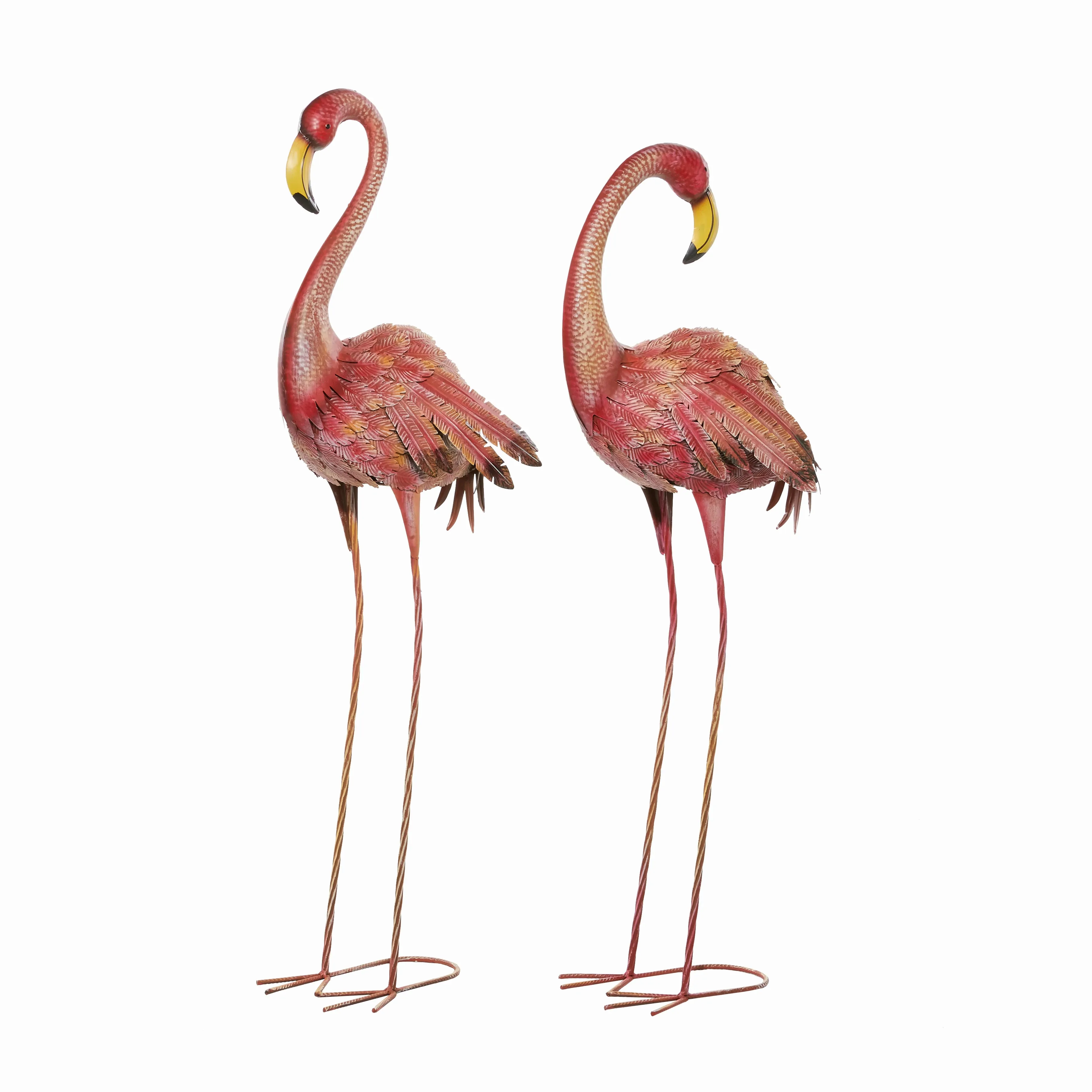 Coastal Pink Metal Flamingo Set of 2 Garden Sculptures