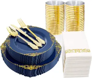 Piatti e piatti di nozze a tema blu reale blu con bordo oro set di piatti di plastica per il compleanno di nozze accetta su misura per Amazon