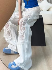 American Vintage Lace Ripped Denim <span class=keywords><strong>Pantalon</strong></span> de vadrouille <span class=keywords><strong>blanc</strong></span> à taille haute et à séchage rapide pour femmes - Product Image 5