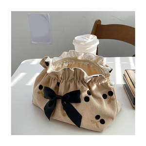 Corduroy Cherry Embroidery Travel <b>Makeup</b> <b>Bag</b> for Women, Portable Bow <b>Makeup</b> <b>Bag</b> - Product Image 1