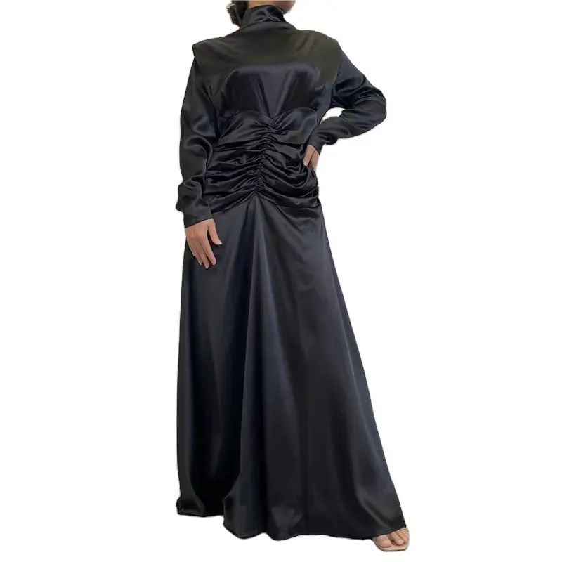 2023女性新しい滑らかで厚いサテンのハイネック伸縮性プリーツウエストファッションロングオールシーズンドレス