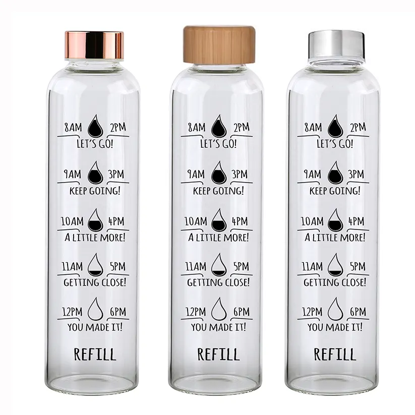 Bottiglia di acqua potabile del coperchio dell'oro di rosa 1000ml indicatore di tempo bottiglia di acqua di vetro trasparente