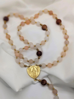 Chapelet catholique Notre-Dame de Guadalupe, aventurine rose mate 8 mm, médaille et crucifix dorés