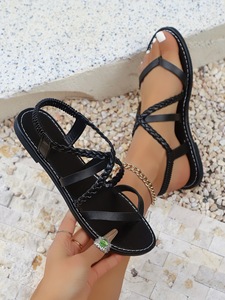 Sandales plates à lanières tressées pour femmes, avec bride élastique à la cheville, bout ouvert, chaussures décontractées d'été pour les vacances à la plage - Product Image 6