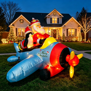 Décoration gonflable de Noël extérieure de 2,4 m : Père Noël en <span class=keywords><strong>avion</strong></span> avec pingouin et cadeau, éclairage LED, pour fêtes de fin d'année - Product Image 1